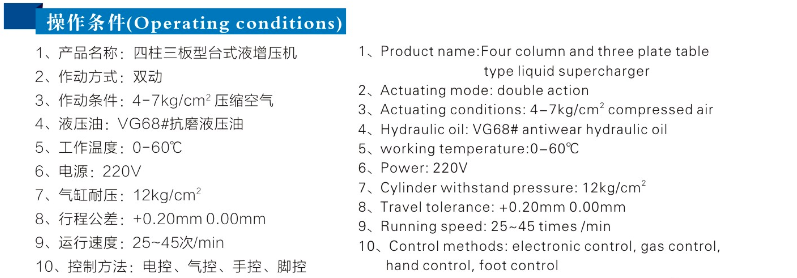 JRIB四柱三板氣液壓力機操作條件